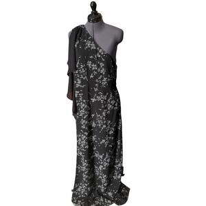 Halston One Shoulder Maxi Dress Size XL Black Abstract Print High Slit